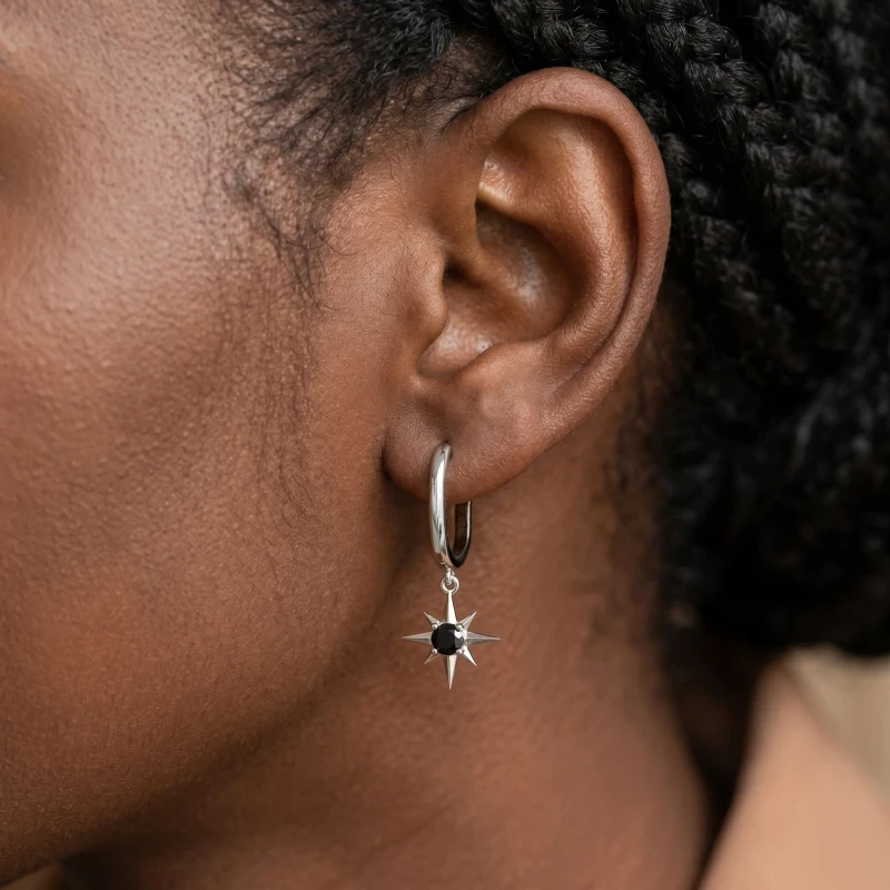Black Onyx Starburst Hoop Earrings