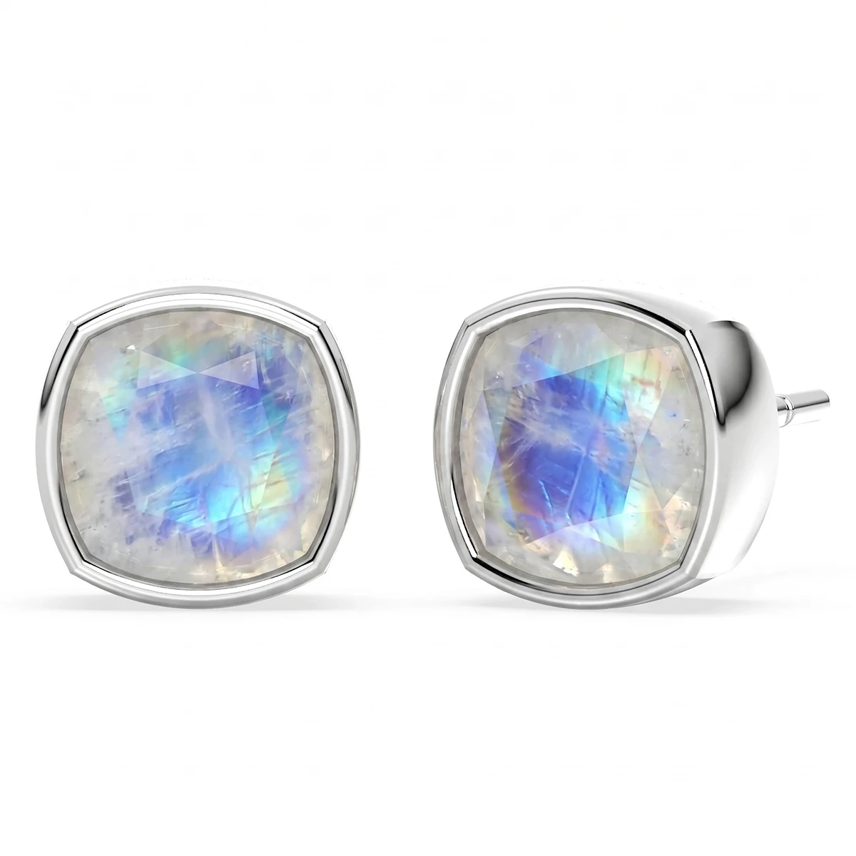 Solitaire Rainbow Moonstone Cushion Cut Stud Earrings