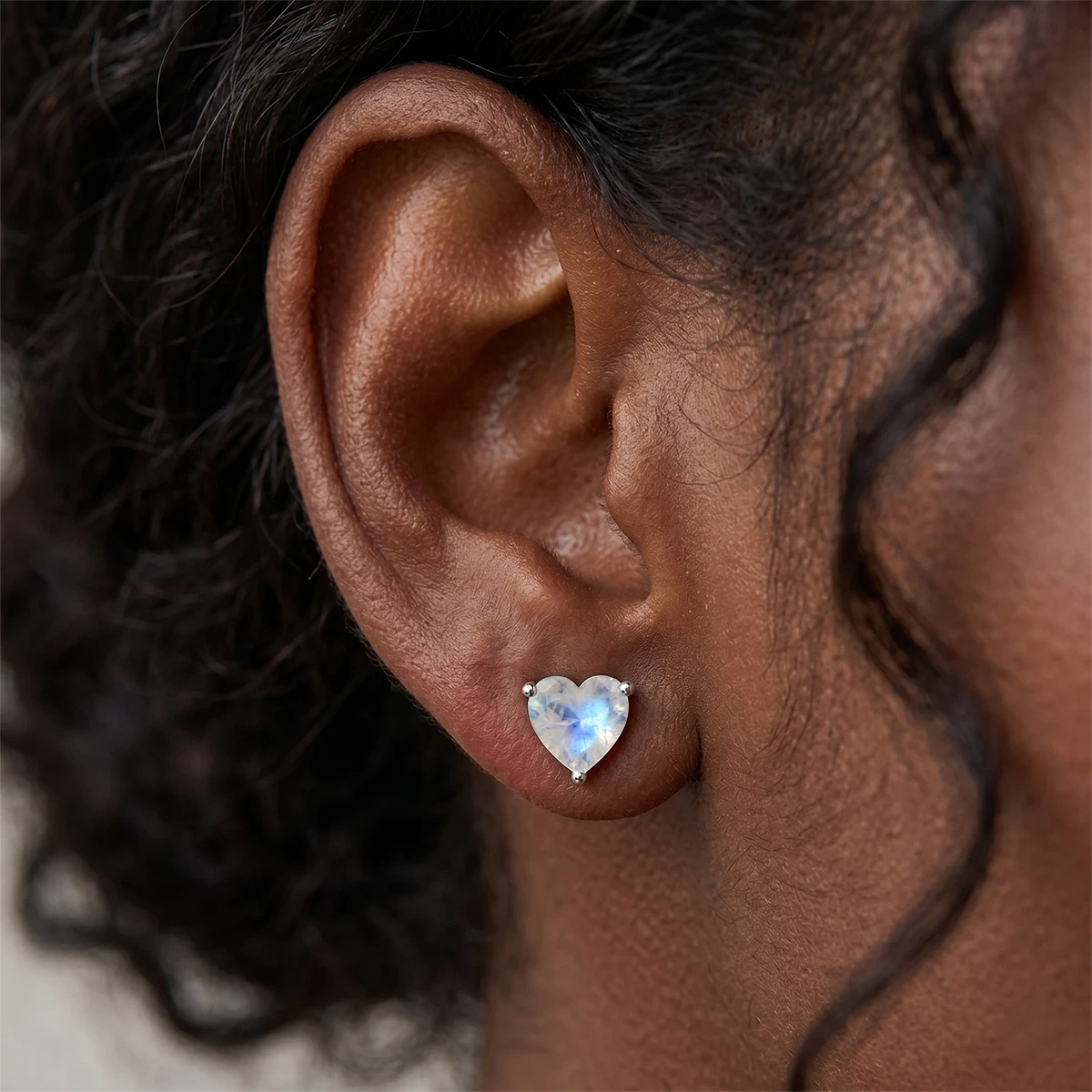 Cute Rainbow Moonstone Solitaire Heart Stud Earrings