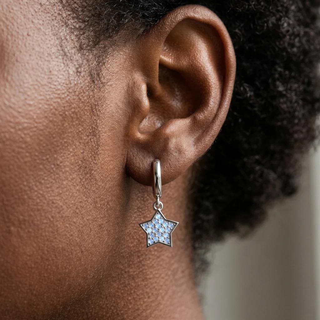 Rainbow Moonstone Star Hoop Earrings