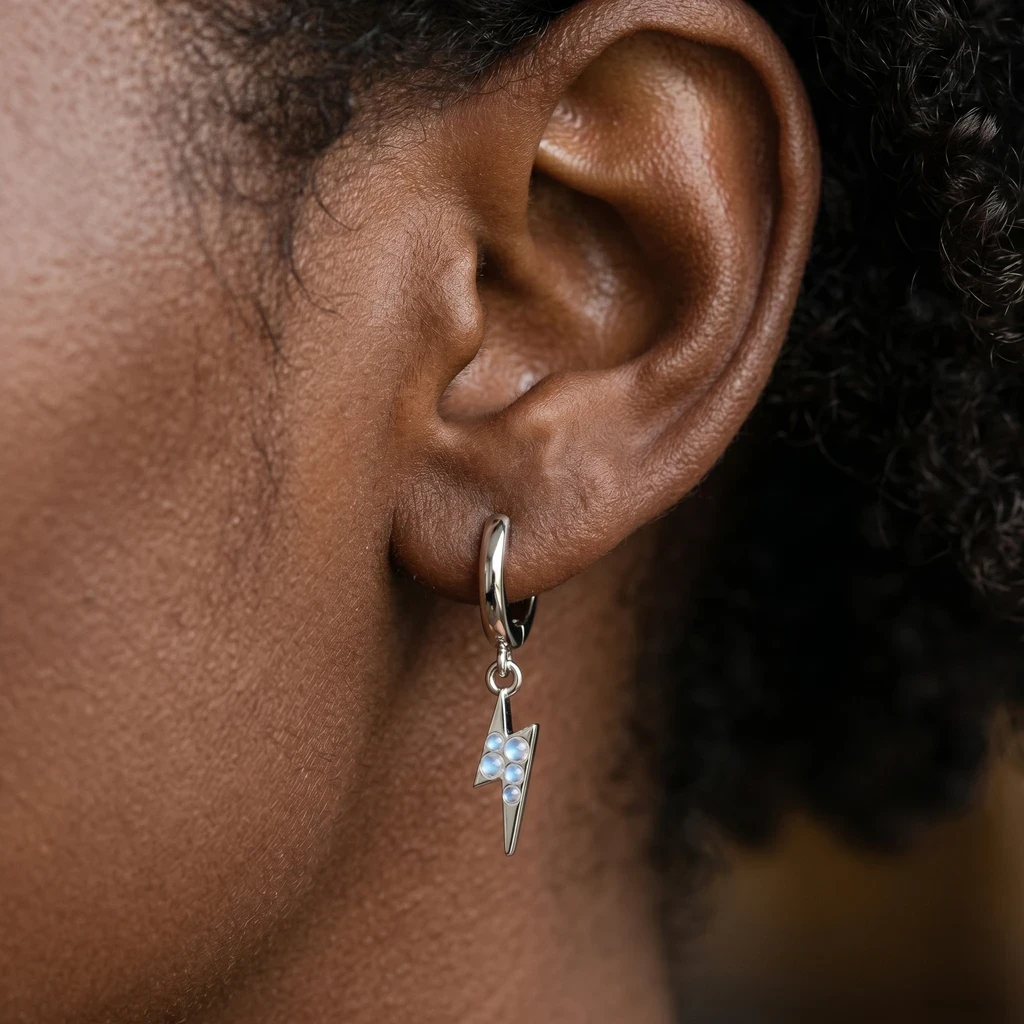 Rainbow Moonstone Lightning Bolt Drop Hoop Earrings