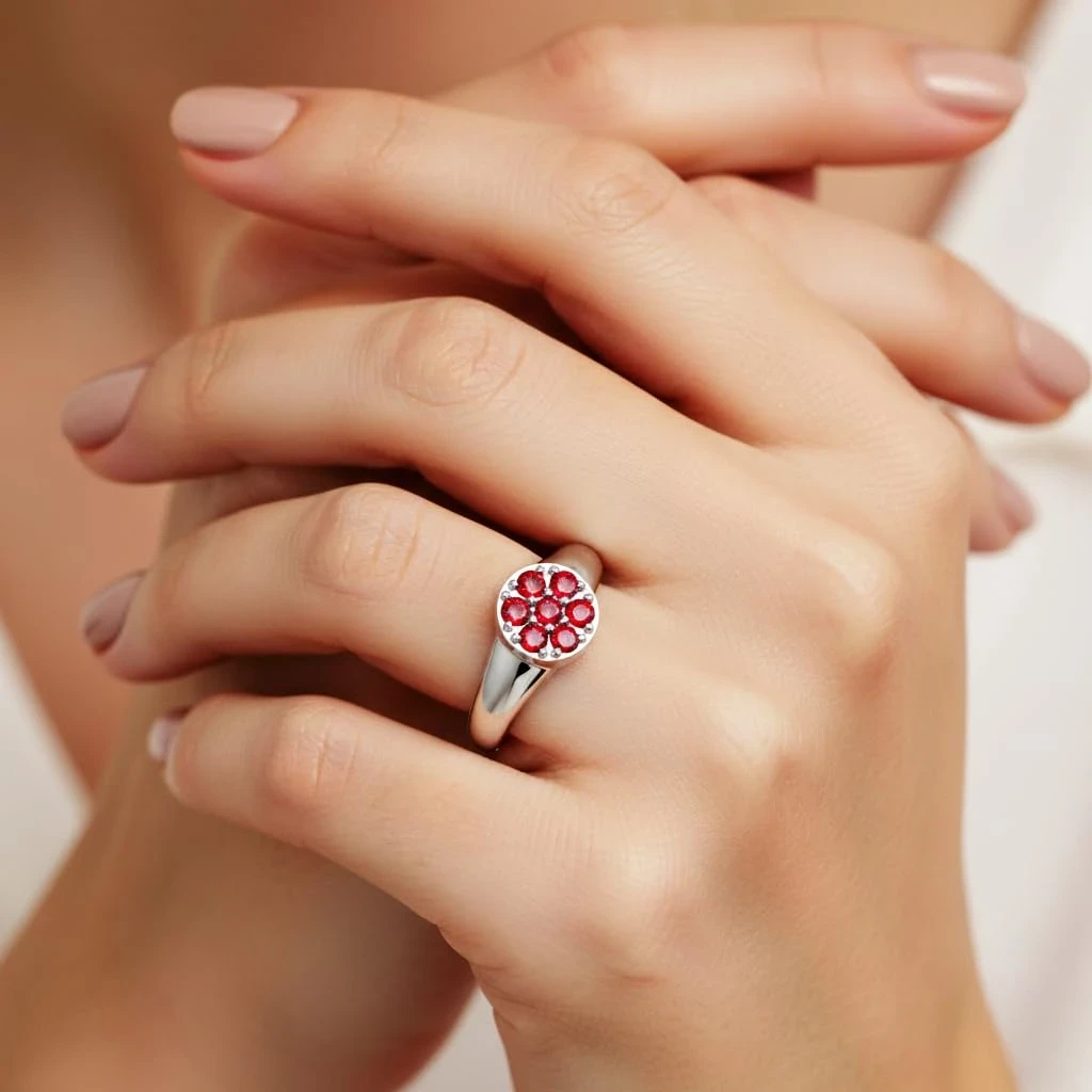 Garnet cluster signet ring