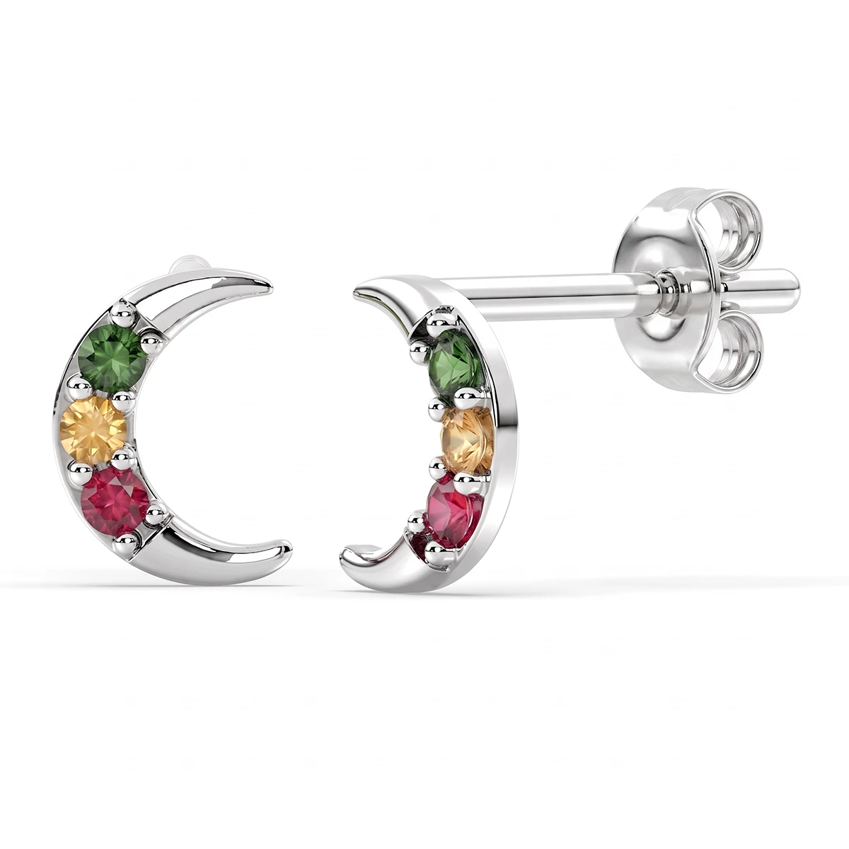 Multi-Gem Moon Stud Earrings