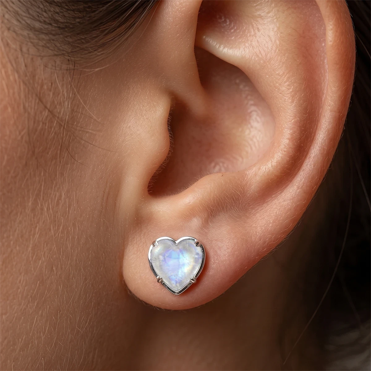 Audrey Heart Rainbow Moonstone Stud Earrings