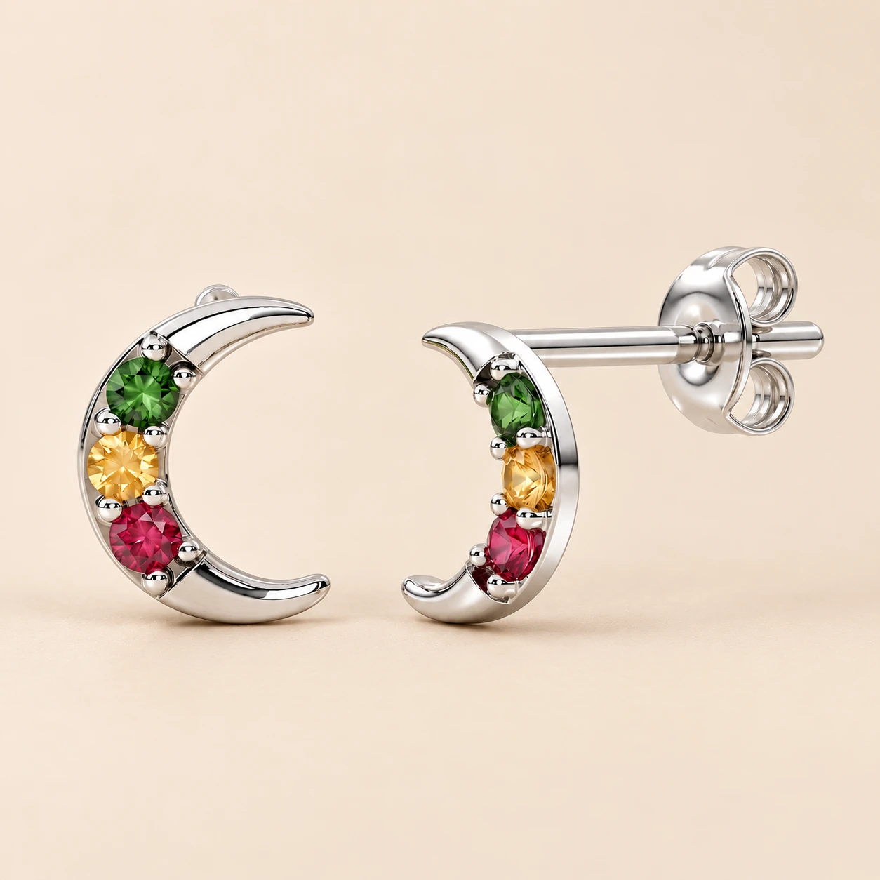 Multi-Gem Moon Stud Earrings