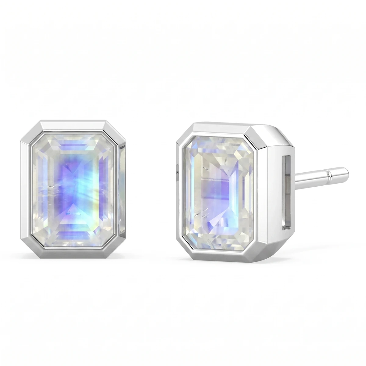 Rainbow Moonstone Octagon Stud Earrings