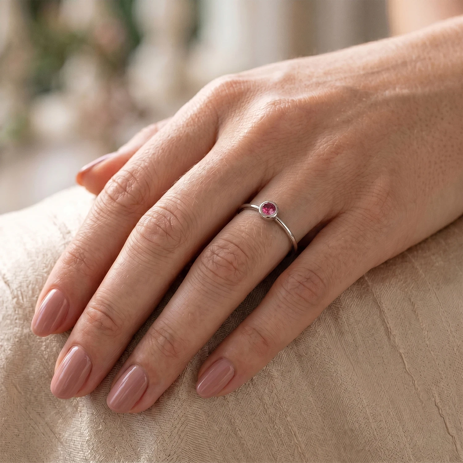 Pink Tourmaline dainty stacking ring